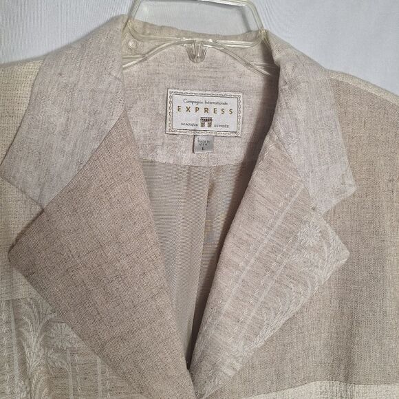 Vintage Express Womens Oversized Blazer Patchwork Linen Blend Beige Palm Large - Picture 3 of 16